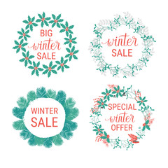 Big winter sale, special winter offer banners, labels, tags, wreaths, shapes with hand lettering. Vector collection.