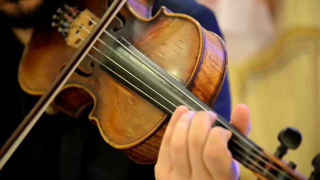 Musician plays on an old wooden violin bow. Lovely classical music. An orchestral Symphony at the concert. Beautiful classical string instrument.