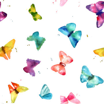 Seamless pattern with abstract freehand watercolour butterflies 