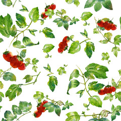 Watercolor illustration of leaf and Strawberry, seamless pattern on white background
