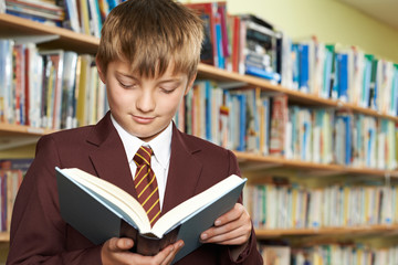 Boy Wearing School Uniform Reading Book In Library