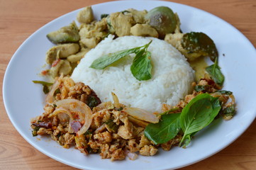 spicy minced pork salad and chicken in green curry on rice