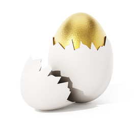 Golden egg inside white egg with broken shell. 3D illustration