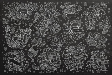 Chalkboard vector hand drawn Doodle set of New Year objects