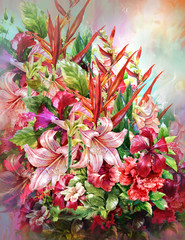 Obrazy na Szkle  Bukiet wielobarwnych kwiatów w stylu akwareli