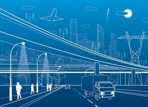 Car overpass, infrastructure, urban plot, people walking, airplane takes off, train move ob the bridge, neon city on background, truck on highway, white lines illustration, vector design art