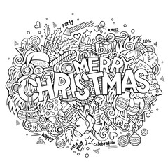 Merry Christmas hand lettering and doodles elements background. 