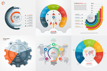 Set of six infographic 5 options, steps, parts, processes templates. Business concept for graphs, charts, diagrams. Vector illustration.
