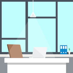 Fototapeta premium Modern office interior with designer desktop in flat design. Interior office room. Modern office room. Office space. Vector illustration of office. Working place in modern office interior.