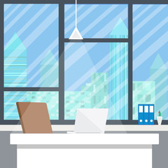 Office workplace in evening. Flat design
