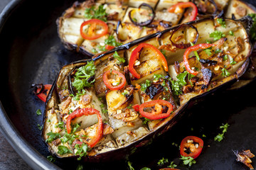 Stuffed Roasted Eggplant with Garlic and Chili