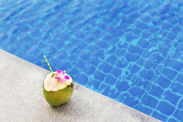 Coconut juice with orchid flower on swimming pool © AnnaMoskvina