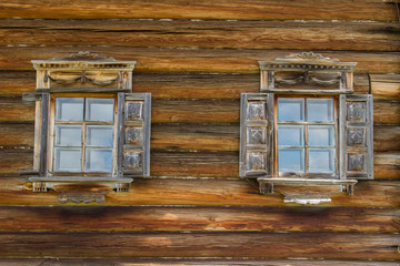 Kizhi traditional wooden architecture of the old house of logs, Karelia, Russia