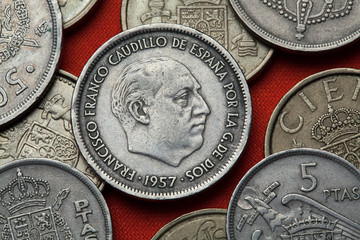 Coins of Spain. Spanish dictator Francisco Franco - obrazy, fototapety, plakaty
