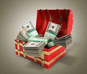 pack of dollar bills inside a red wooden chest 3d render on grad