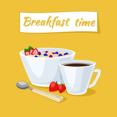 Healthy breakfast. Oatmeal porridge in the bowl with berries and strawberries. Hot coffee. Vector illustration.