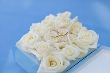 wedding golden rings with white roses in the gift box 