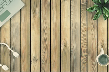 Top view wooden desk with laptop, flower, headphones, cup of coffe. 3d render.