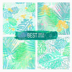 Naklejka premium light tropical patterns wit palm leaves and flowers