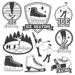 Vector set of ice skating emblems, badges, logos, banners and design elements. Isolated monochrome illustrations in vintage style