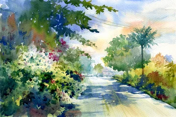 Deurstickers aquarel schilderij van herfstlandschap met een prachtige weg met gekleurde bomen © photoiget
