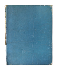 A battered old, blue hardback book isolated on a white background