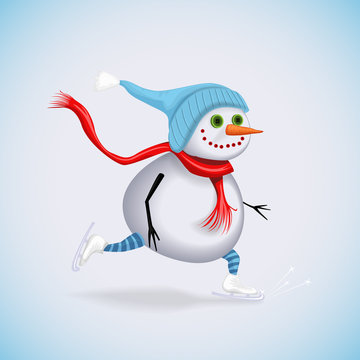 Happy snowman in a flowing scarf skates. Winter fun. Vector illustration.