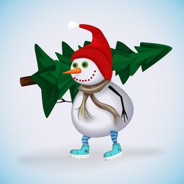 Snowman in a red knitted cap carries a Christmas tree. Winter fun. Vector illustration.