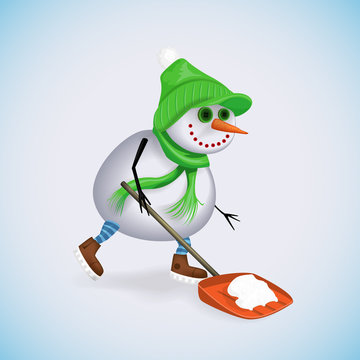 Happy snowman clean the snow using a shovel. Winter fun. Vector illustration.