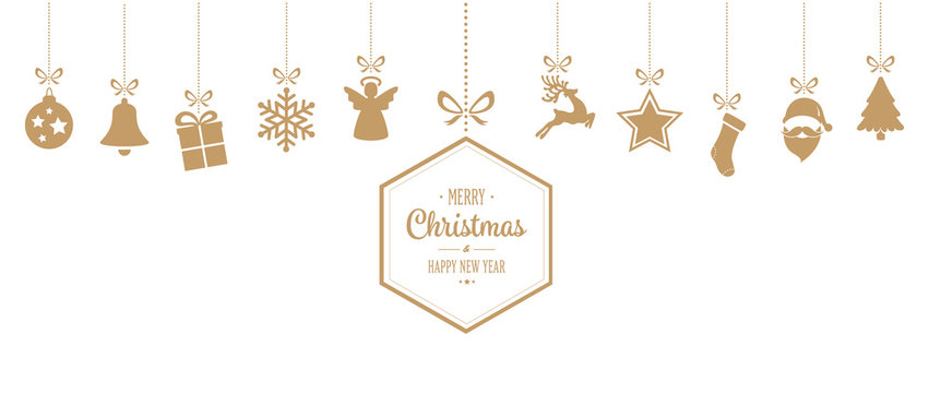 merry christmas hanging gold ornaments background