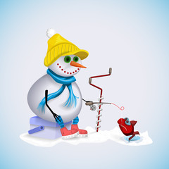 Winter fishing on the ice. Snowman pulls a fish out of water. Vector illustration.