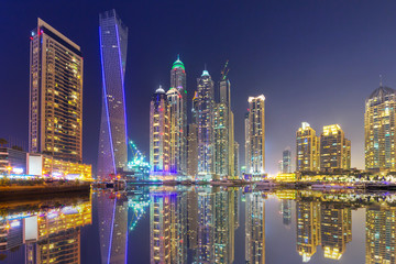 Fototapeta premium Skyline of Dubai Marina at night, United Arab Emirates
