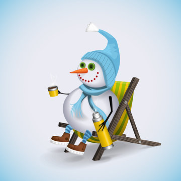 Snowman sitting in a chair and drink fragrant hot coffee from a thermos. Winter fun. Vector illustration.