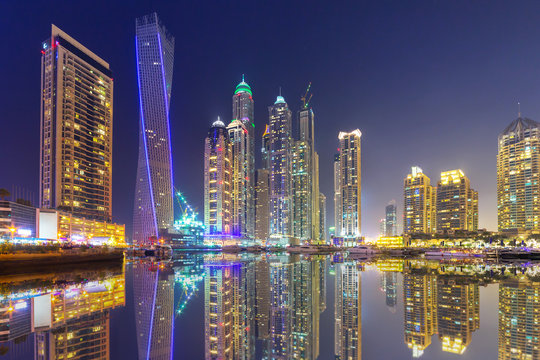 Skyline of Dubai Marina at night, United Arab Emirates