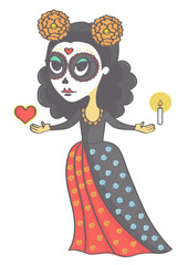 Cute sugar skull girl holding candle and heart. Vector drawing of woman in mexican style for day of the dead or halloween.
