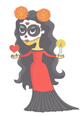Cute girl in sugar skull makeup holding candle and heart, representing death.