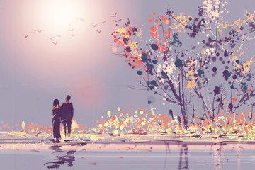 Digital painting style Oil couples stood watching sunsets. The natural beauty