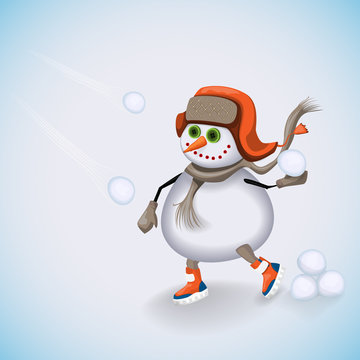 Snowman passionate about playing snowballs. Winter fun. Vector illustration.