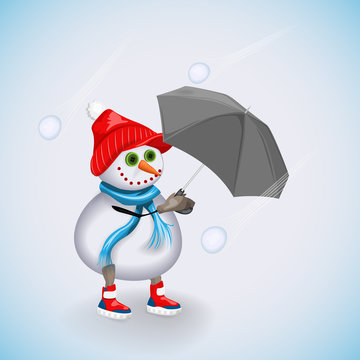 Snowman hiding under the umbrella of snowballs. Winter fun. Vector illustration.
