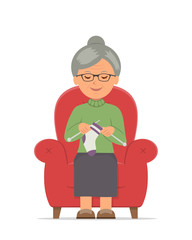 Grandma sitting in a cozy armchair knitting. Pastime of elderly female in a comfortable red chair knitting. Isolated vector illustration in flat style.
