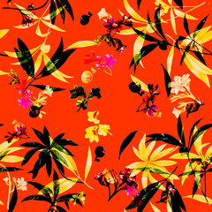 Watercolor illustration painting of leaf and flowers, seamless pattern on Orange background