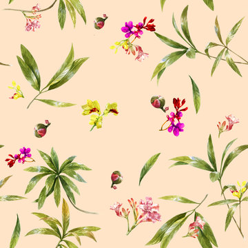 Watercolor illustration painting of leaf and flowers, seamless pattern on pink background