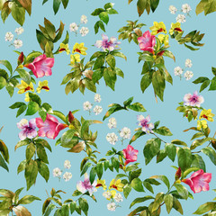 Watercolor illustration of leaf and flowers, seamless pattern on blue background