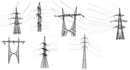 set of seven electrical pylons isolated on white