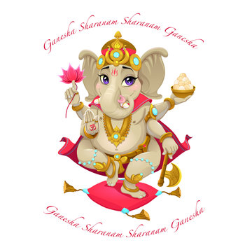 Cartoon representation of eastern god Ganesha, with mantra