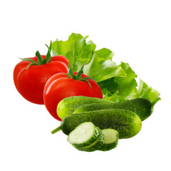 Vegetables for salad.Tomatoes, cucumbers and green  on white background