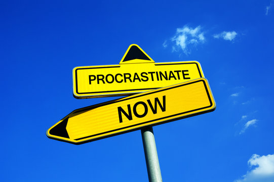 Procrastinate or Now - Traffic sign with two options - procrastination and postponing tasks vs time management, self-management. Laziness vs responsibility and enthusiasm into accomplishing obligation