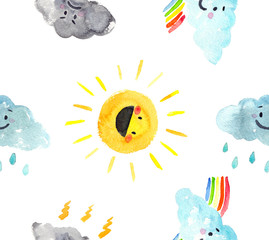 Seamless pattern with simple cartoon sun and various clouds painted in watercolor on white isolated background