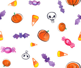 Seamless Halloween pattern with skulls, pumpkins, bats and candy on white isolated background