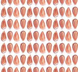 Seamless pattern with small brown almond nuts painted in watercolor on white isolated background